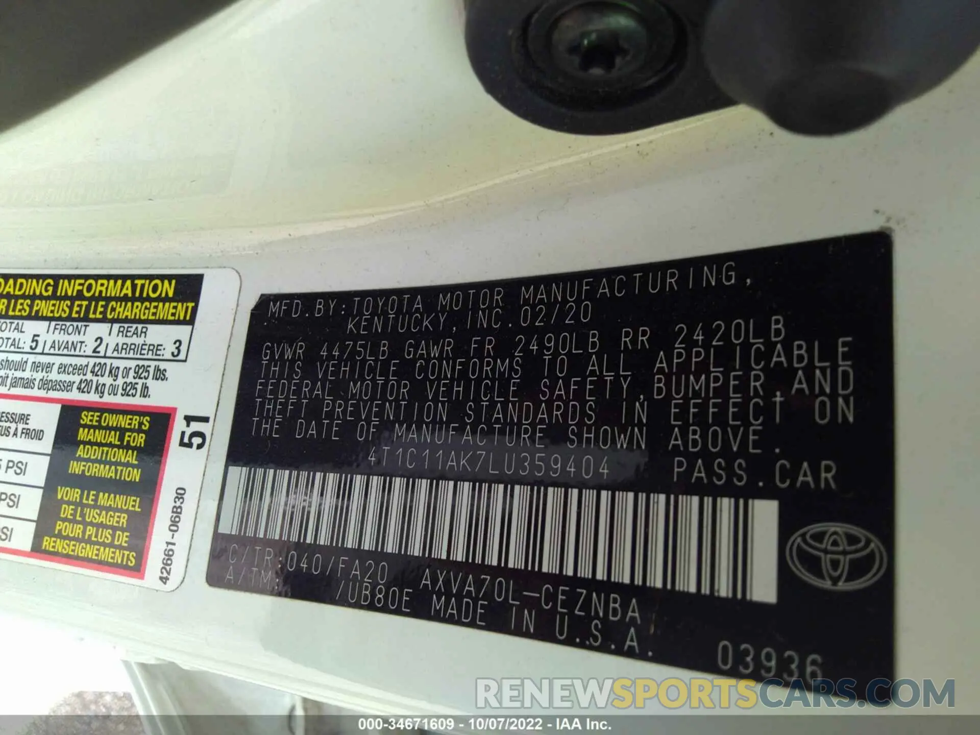 9 fotografías del automóvil dañado 4T1C11AK7LU359404 TOYOTA CAMRY 2020