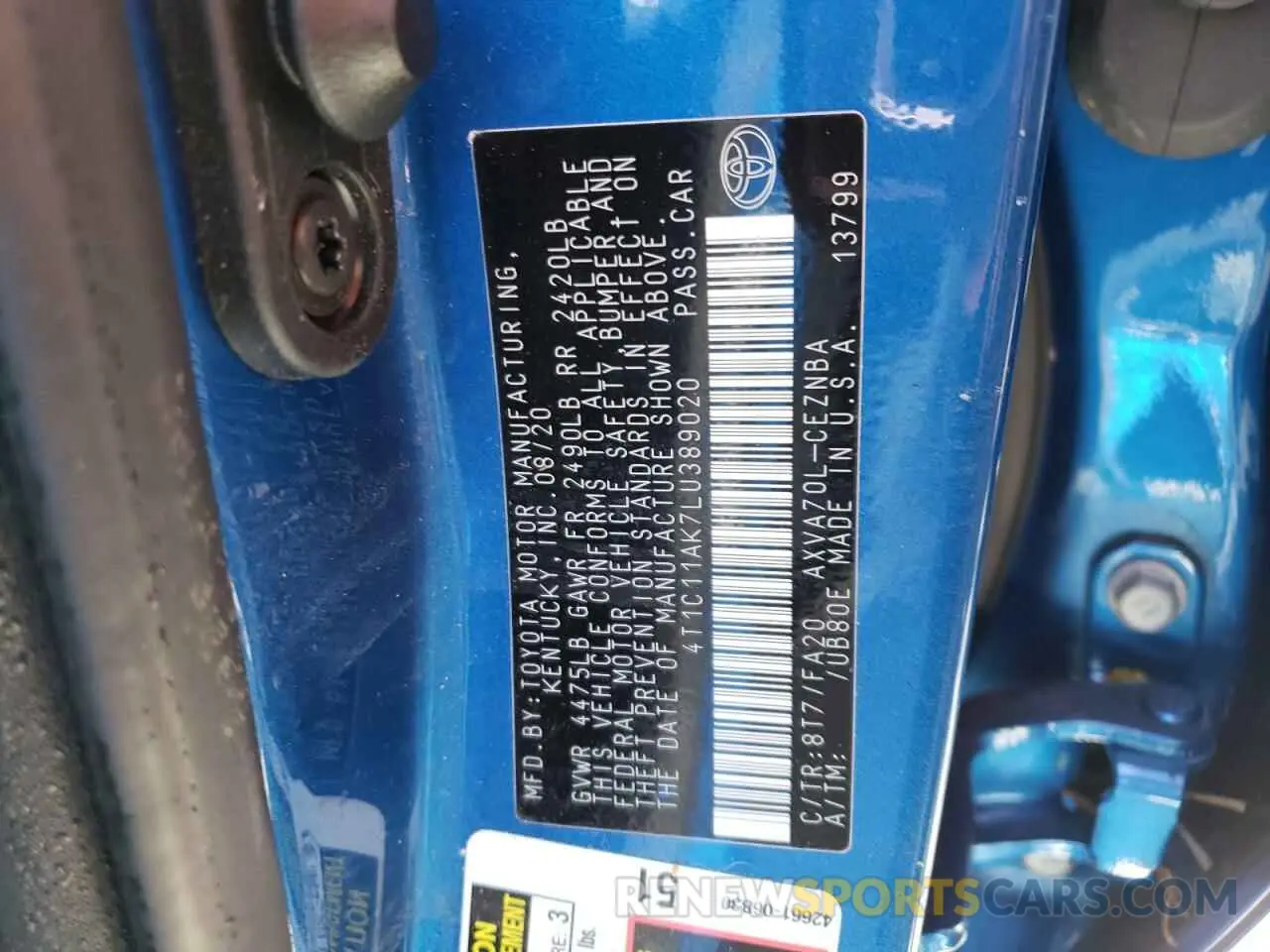 10 fotografías del automóvil dañado 4T1C11AK7LU389020 TOYOTA CAMRY 2020