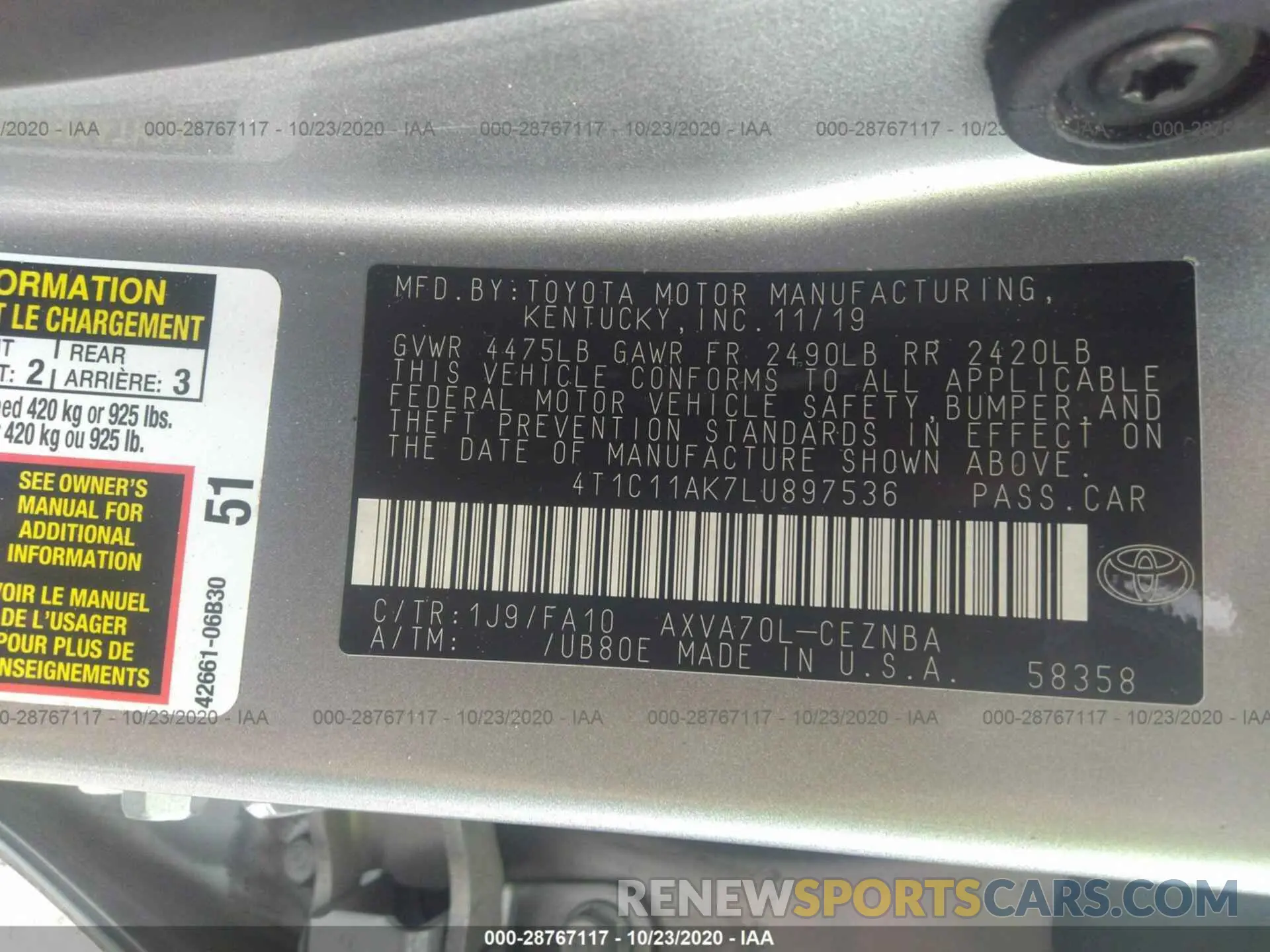 9 fotografías del automóvil dañado 4T1C11AK7LU897536 TOYOTA CAMRY 2020