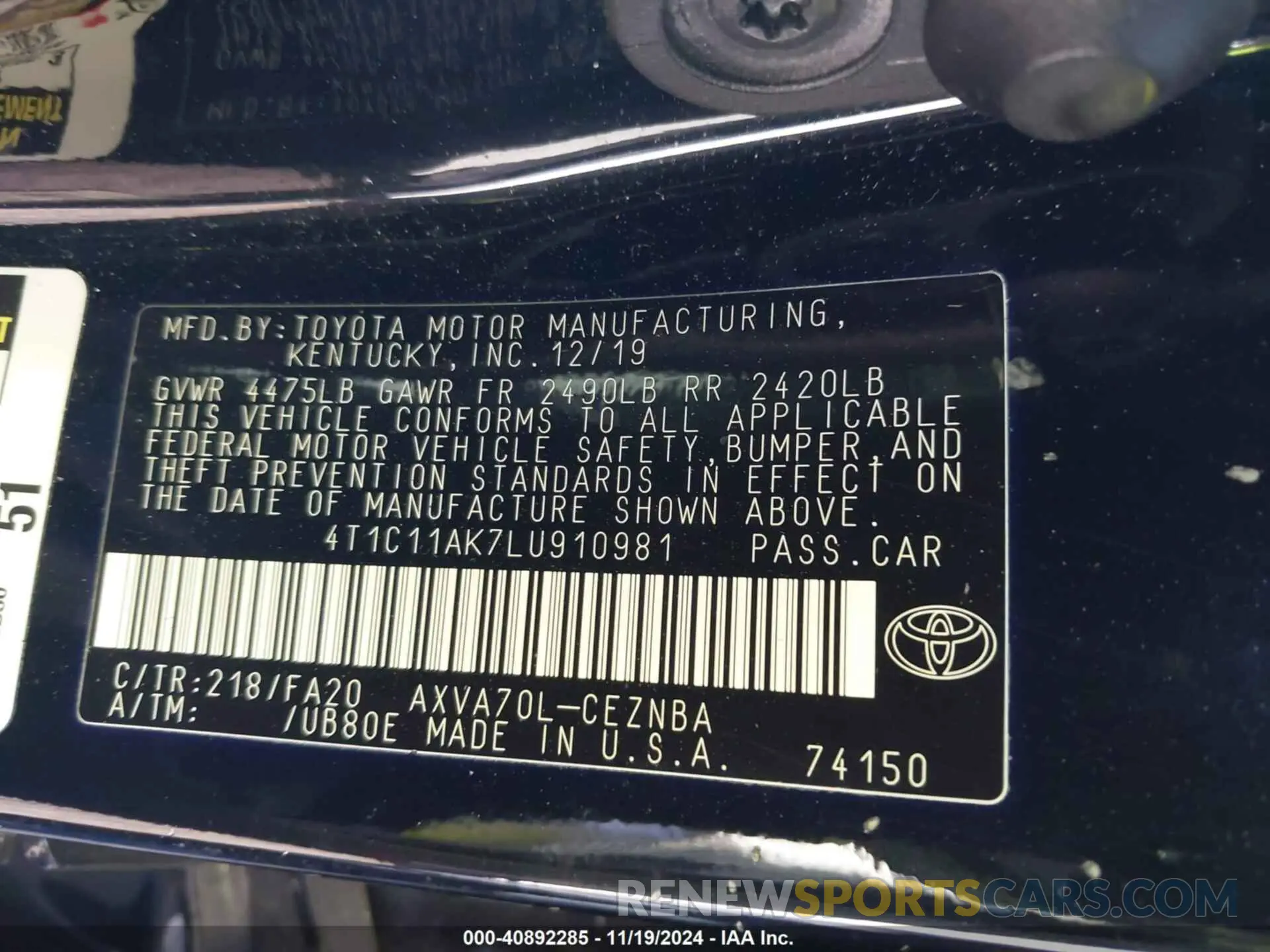 9 fotografías del automóvil dañado 4T1C11AK7LU910981 TOYOTA CAMRY 2020