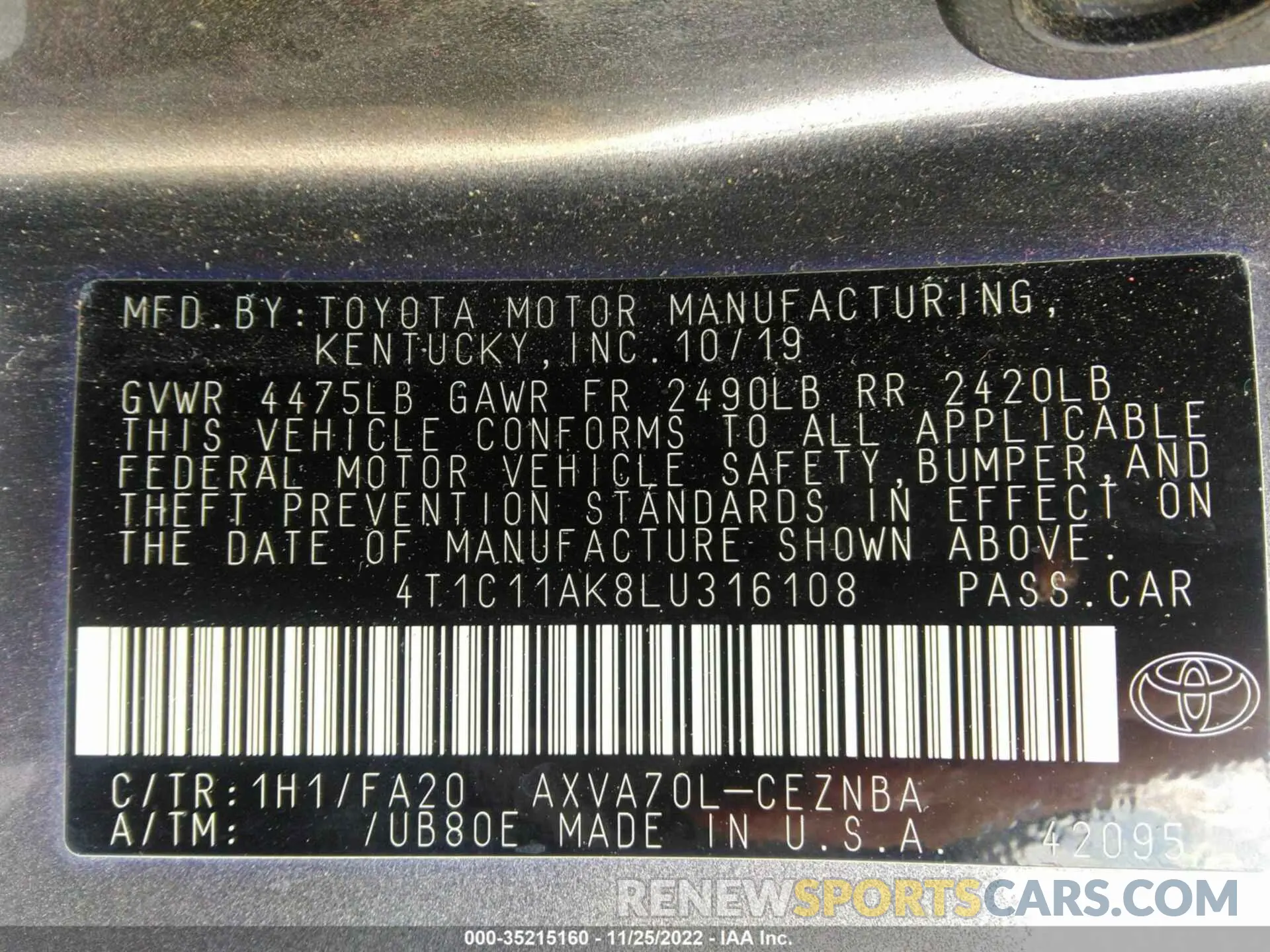 9 fotografías del automóvil dañado 4T1C11AK8LU316108 TOYOTA CAMRY 2020