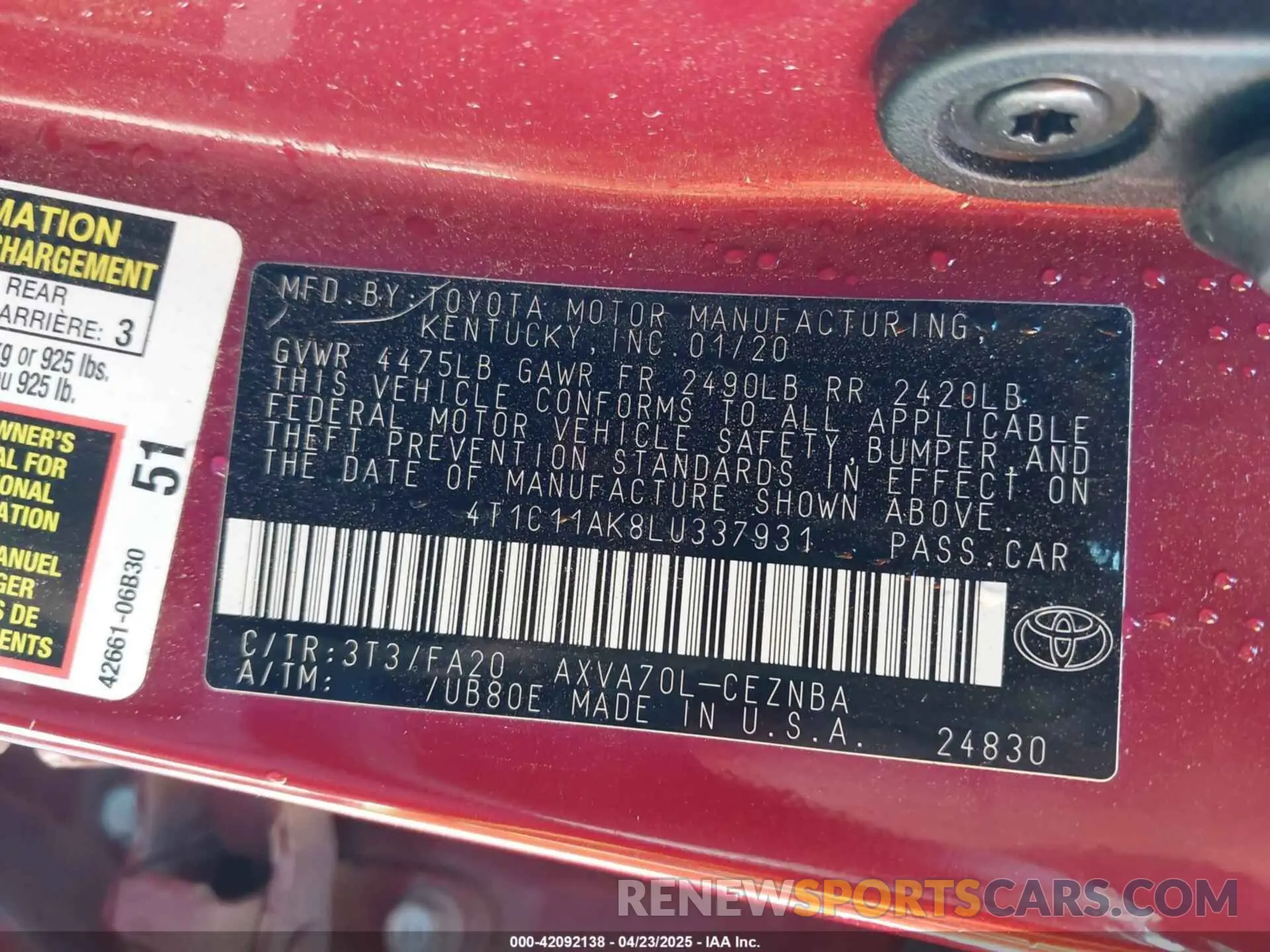 9 fotografías del automóvil dañado 4T1C11AK8LU337931 TOYOTA CAMRY 2020