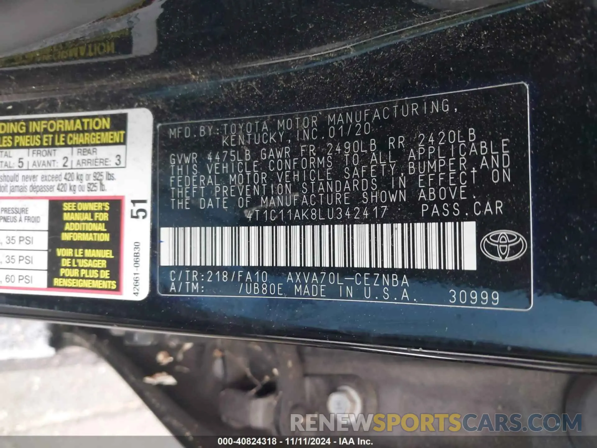 9 fotografías del automóvil dañado 4T1C11AK8LU342417 TOYOTA CAMRY 2020