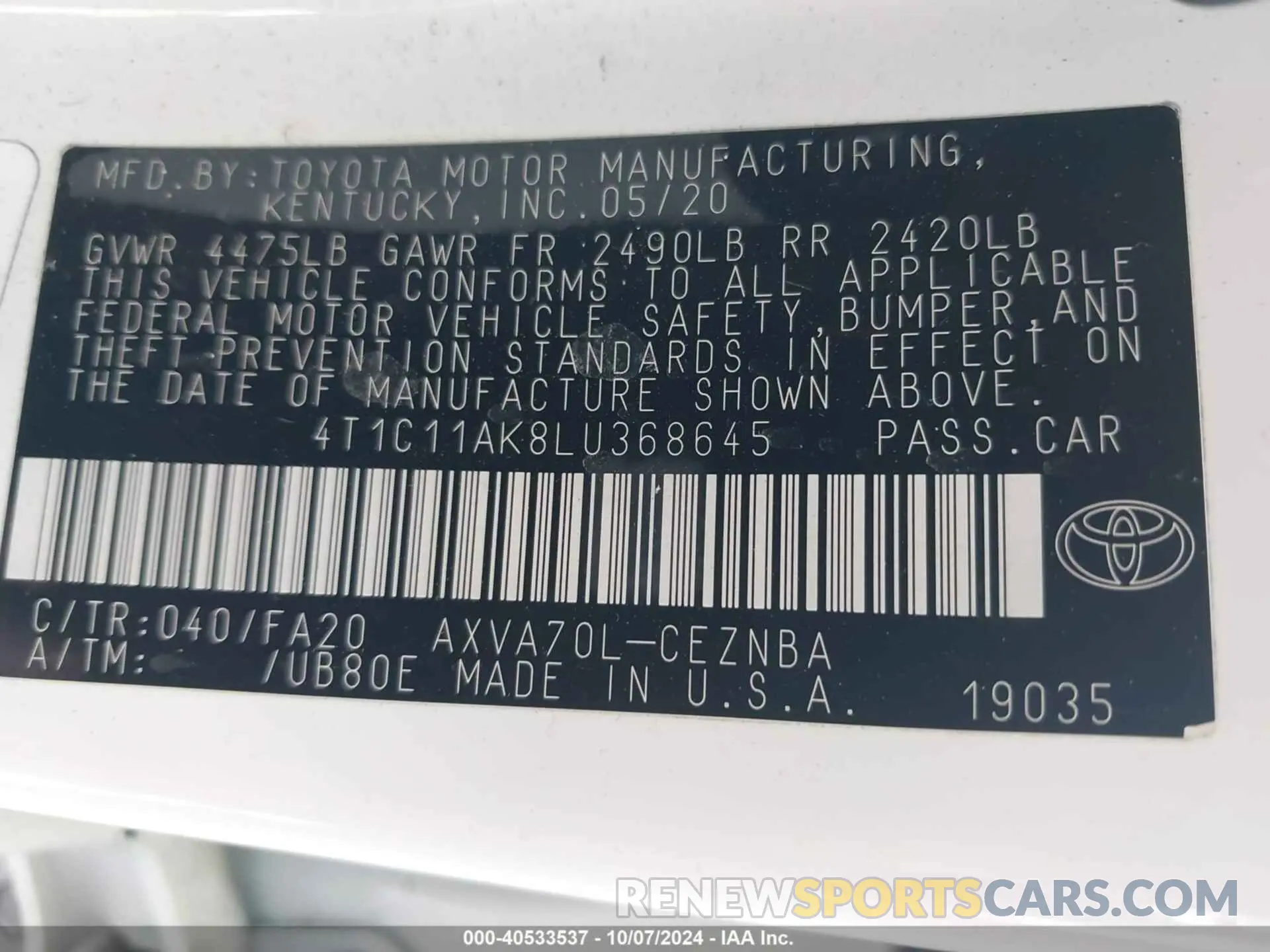 9 fotografías del automóvil dañado 4T1C11AK8LU368645 TOYOTA CAMRY 2020