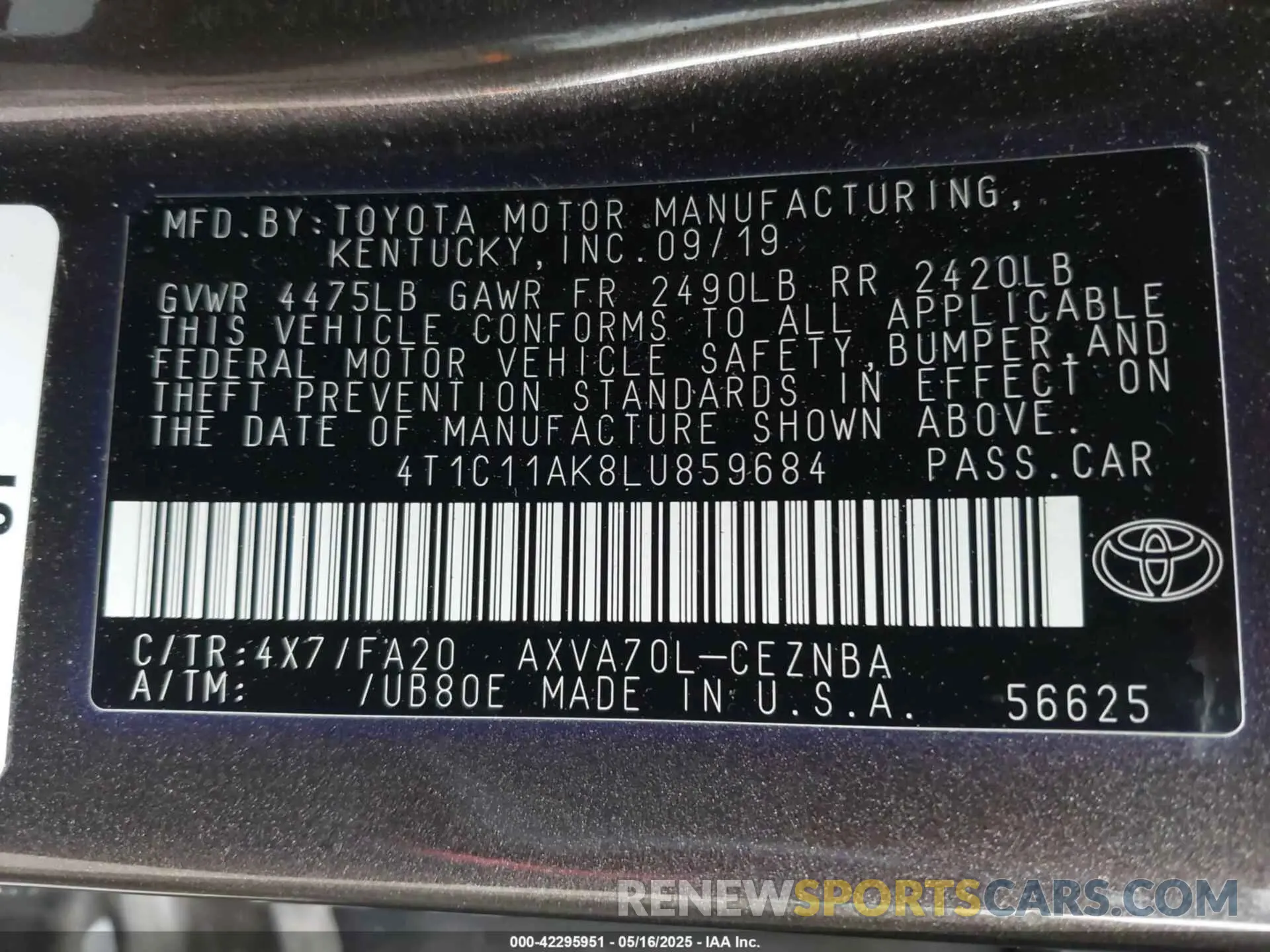 9 fotografías del automóvil dañado 4T1C11AK8LU859684 TOYOTA CAMRY 2020