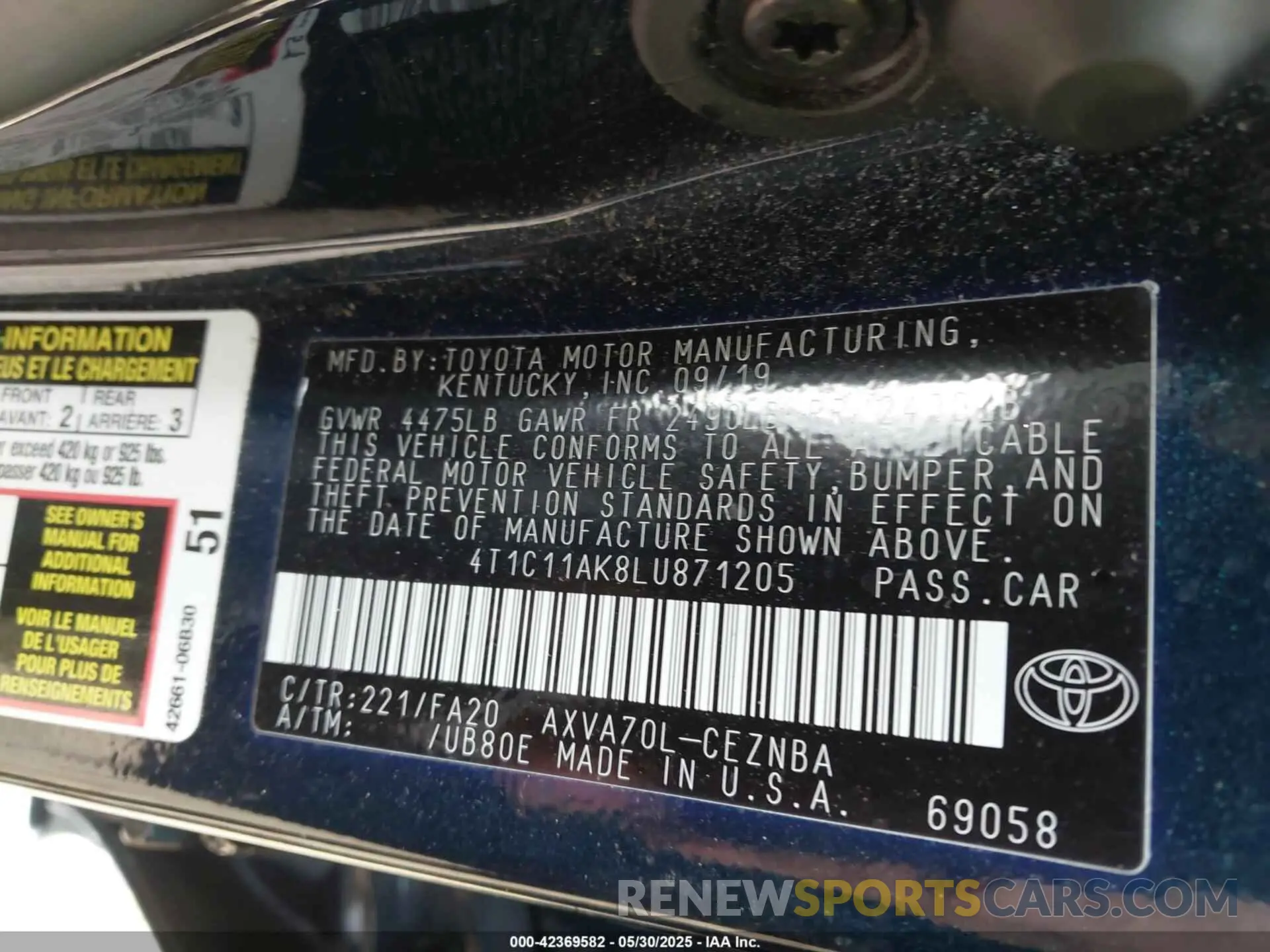 9 fotografías del automóvil dañado 4T1C11AK8LU871205 TOYOTA CAMRY 2020