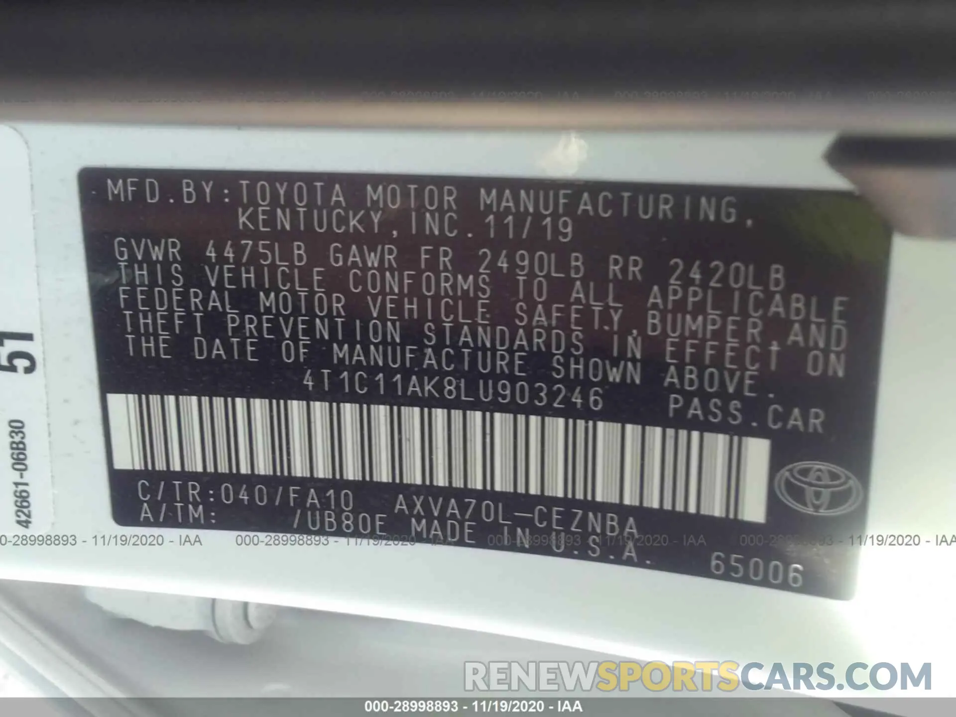 9 fotografías del automóvil dañado 4T1C11AK8LU903246 TOYOTA CAMRY 2020