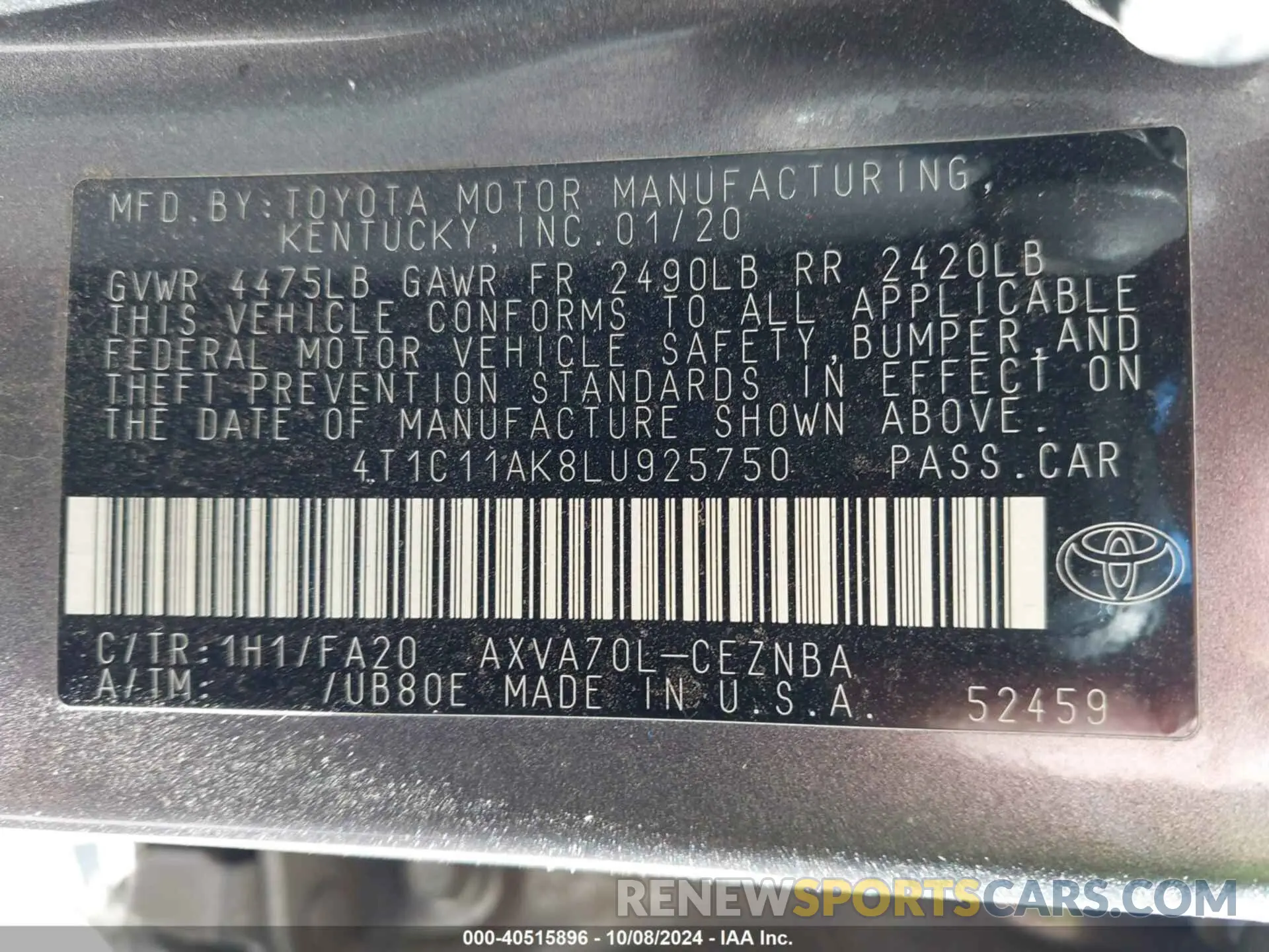 9 fotografías del automóvil dañado 4T1C11AK8LU925750 TOYOTA CAMRY 2020