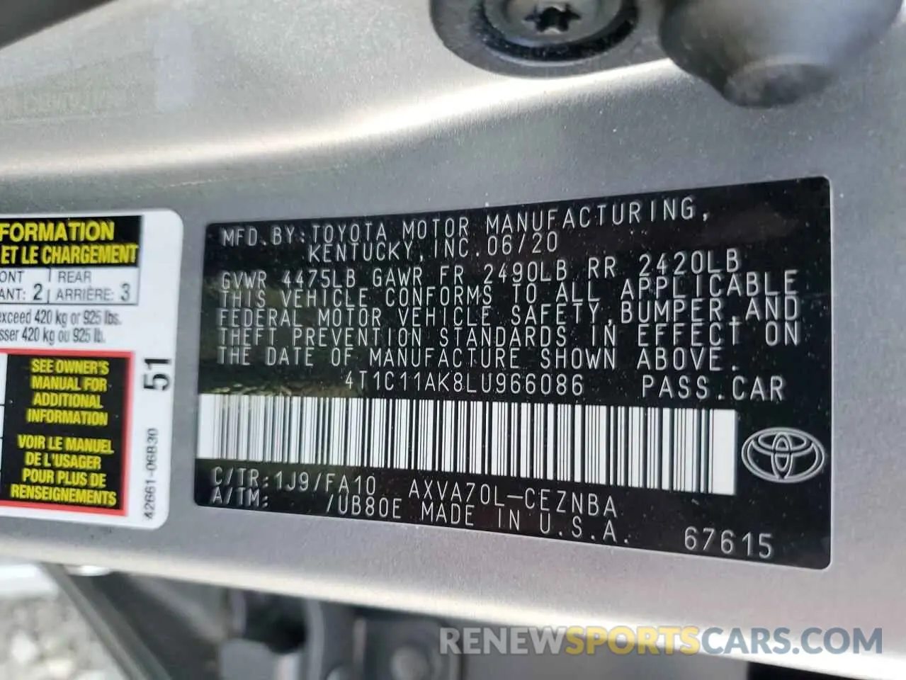 12 fotografías del automóvil dañado 4T1C11AK8LU966086 TOYOTA CAMRY 2020