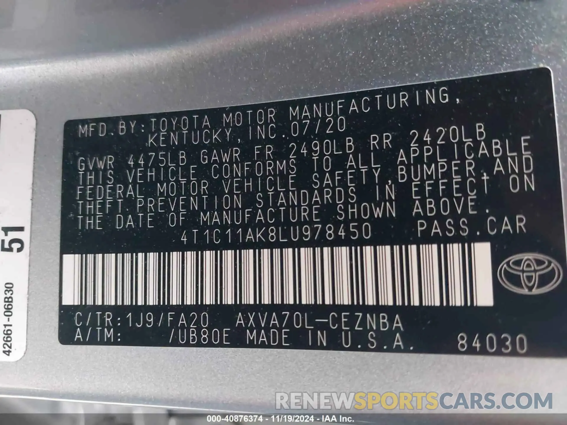 9 fotografías del automóvil dañado 4T1C11AK8LU978450 TOYOTA CAMRY 2020