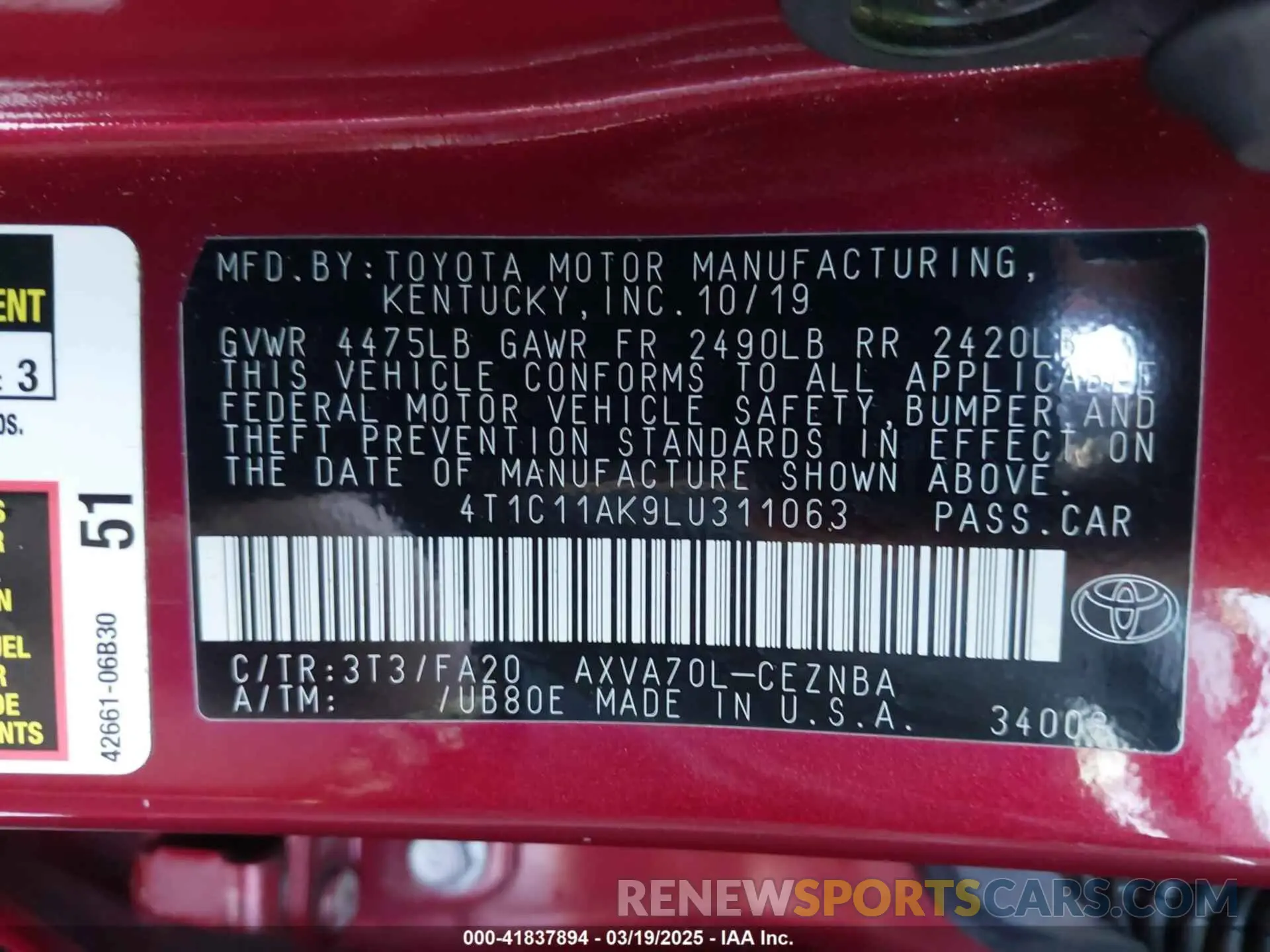 9 fotografías del automóvil dañado 4T1C11AK9LU311063 TOYOTA CAMRY 2020