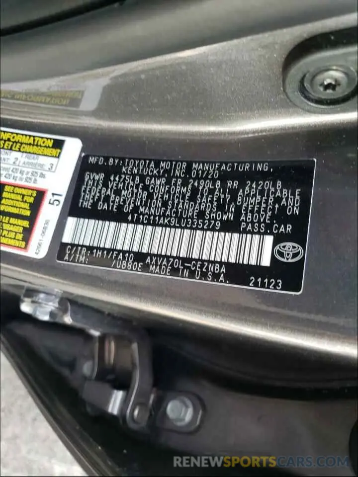 10 fotografías del automóvil dañado 4T1C11AK9LU335279 TOYOTA CAMRY 2020