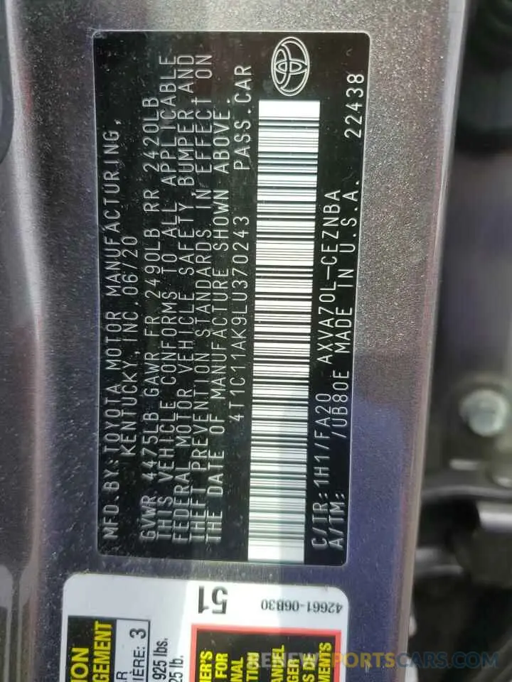12 fotografías del automóvil dañado 4T1C11AK9LU370243 TOYOTA CAMRY 2020