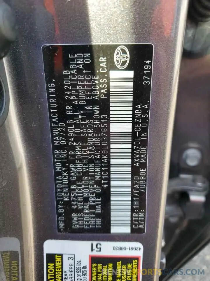 12 fotografías del automóvil dañado 4T1C11AK9LU376513 TOYOTA CAMRY 2020
