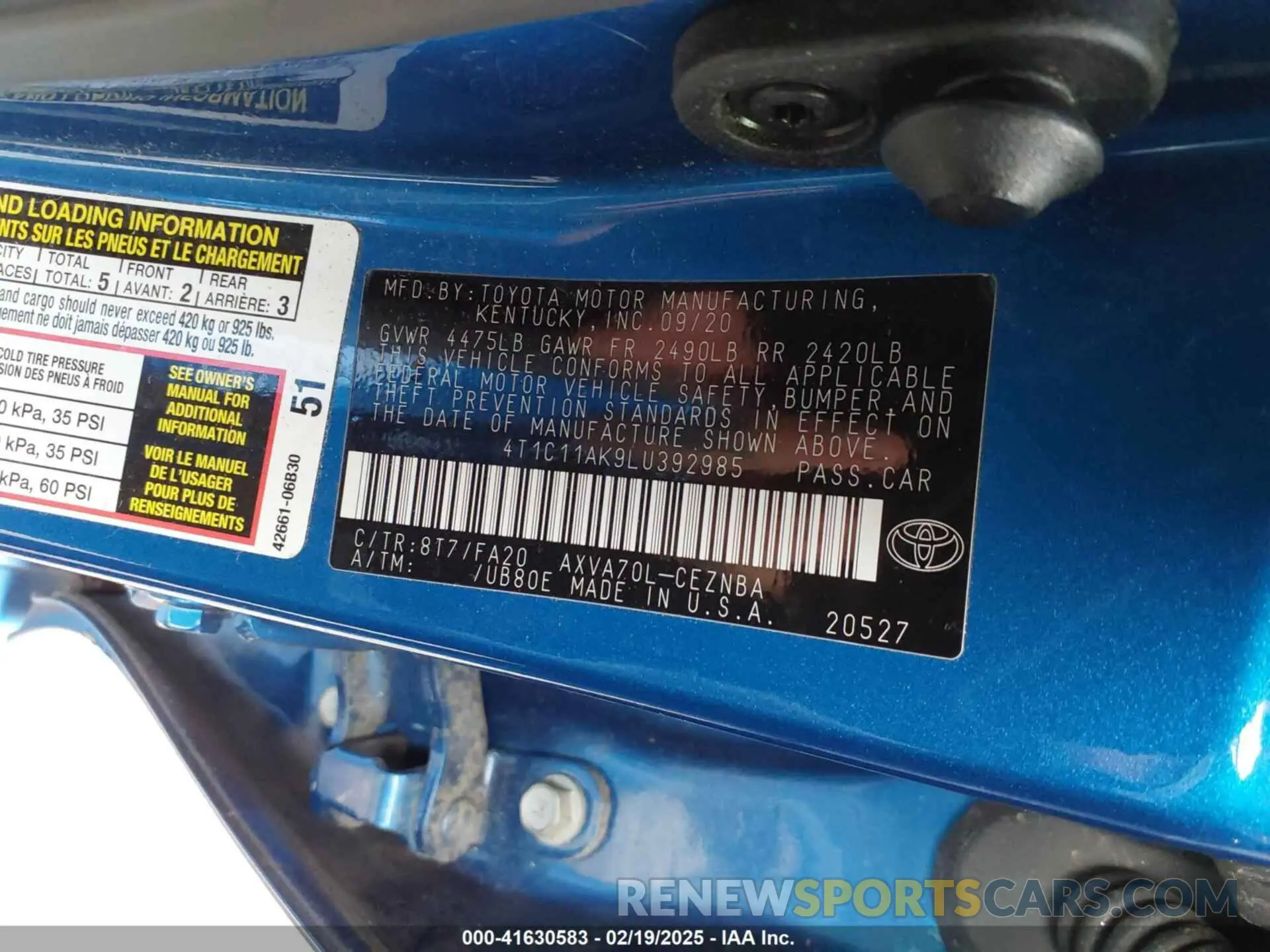 9 fotografías del automóvil dañado 4T1C11AK9LU392985 TOYOTA CAMRY 2020