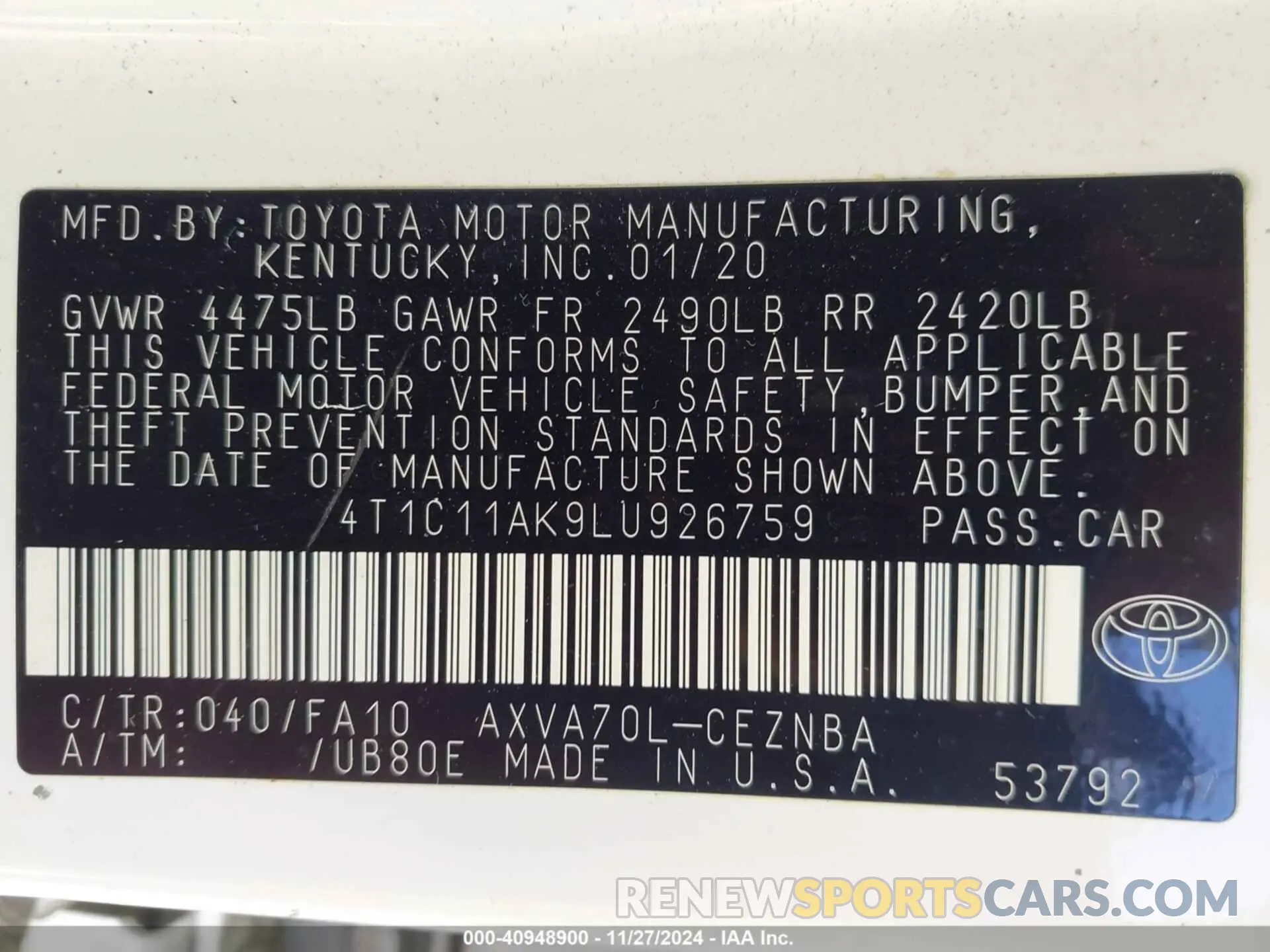 9 fotografías del automóvil dañado 4T1C11AK9LU926759 TOYOTA CAMRY 2020