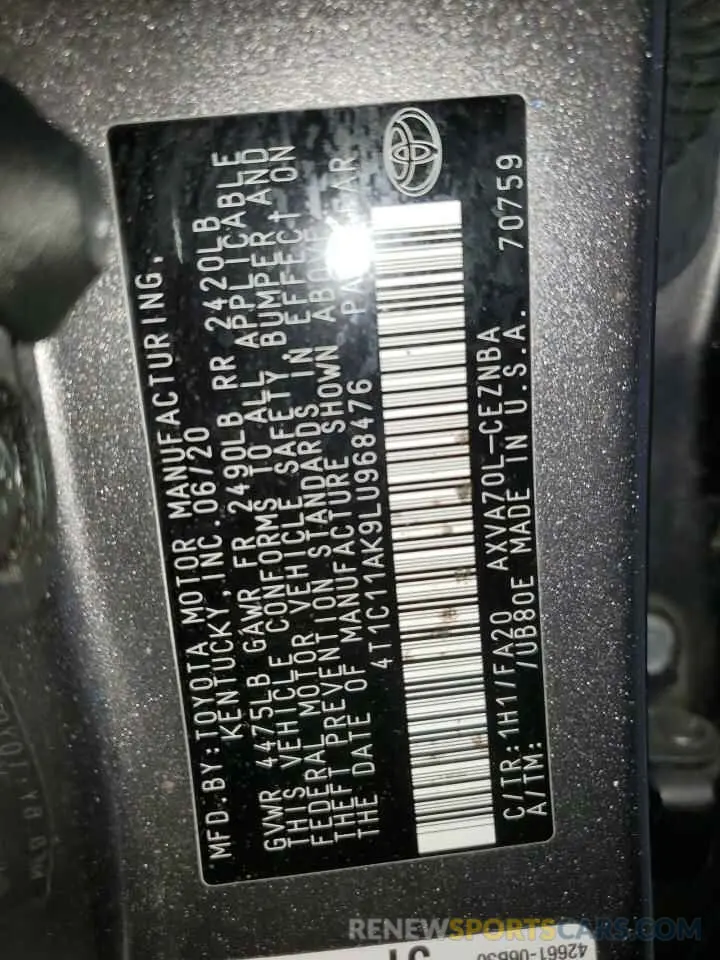 13 fotografías del automóvil dañado 4T1C11AK9LU968476 TOYOTA CAMRY 2020