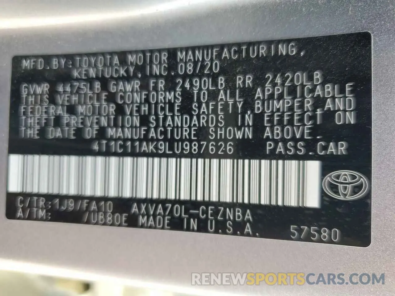 12 fotografías del automóvil dañado 4T1C11AK9LU987626 TOYOTA CAMRY 2020