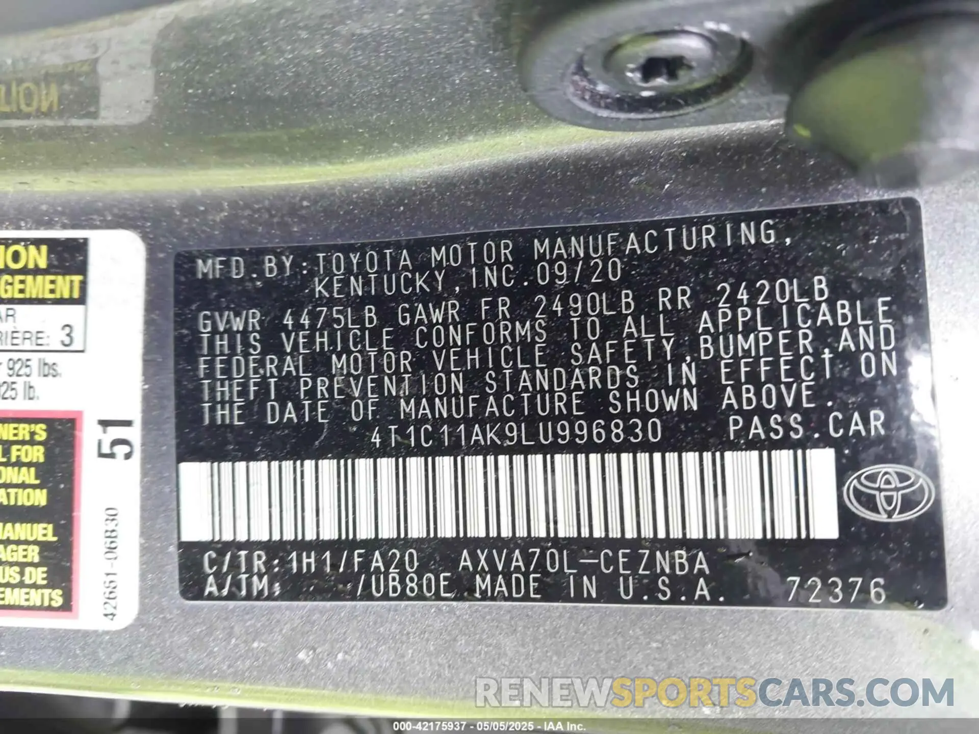 9 fotografías del automóvil dañado 4T1C11AK9LU996830 TOYOTA CAMRY 2020