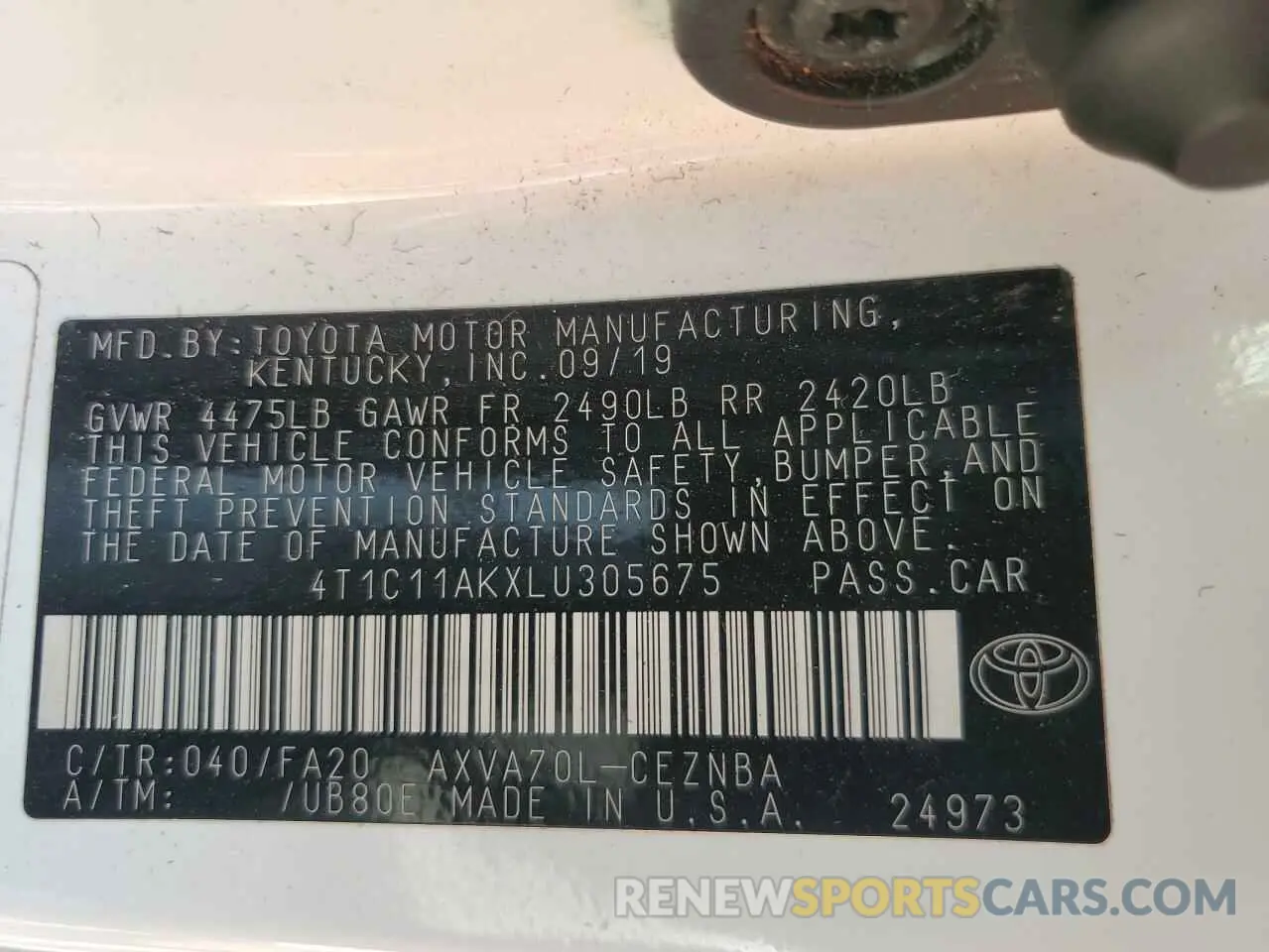 12 fotografías del automóvil dañado 4T1C11AKXLU305675 TOYOTA CAMRY 2020