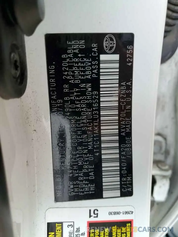 10 fotografías del automóvil dañado 4T1C11AKXLU316529 TOYOTA CAMRY 2020