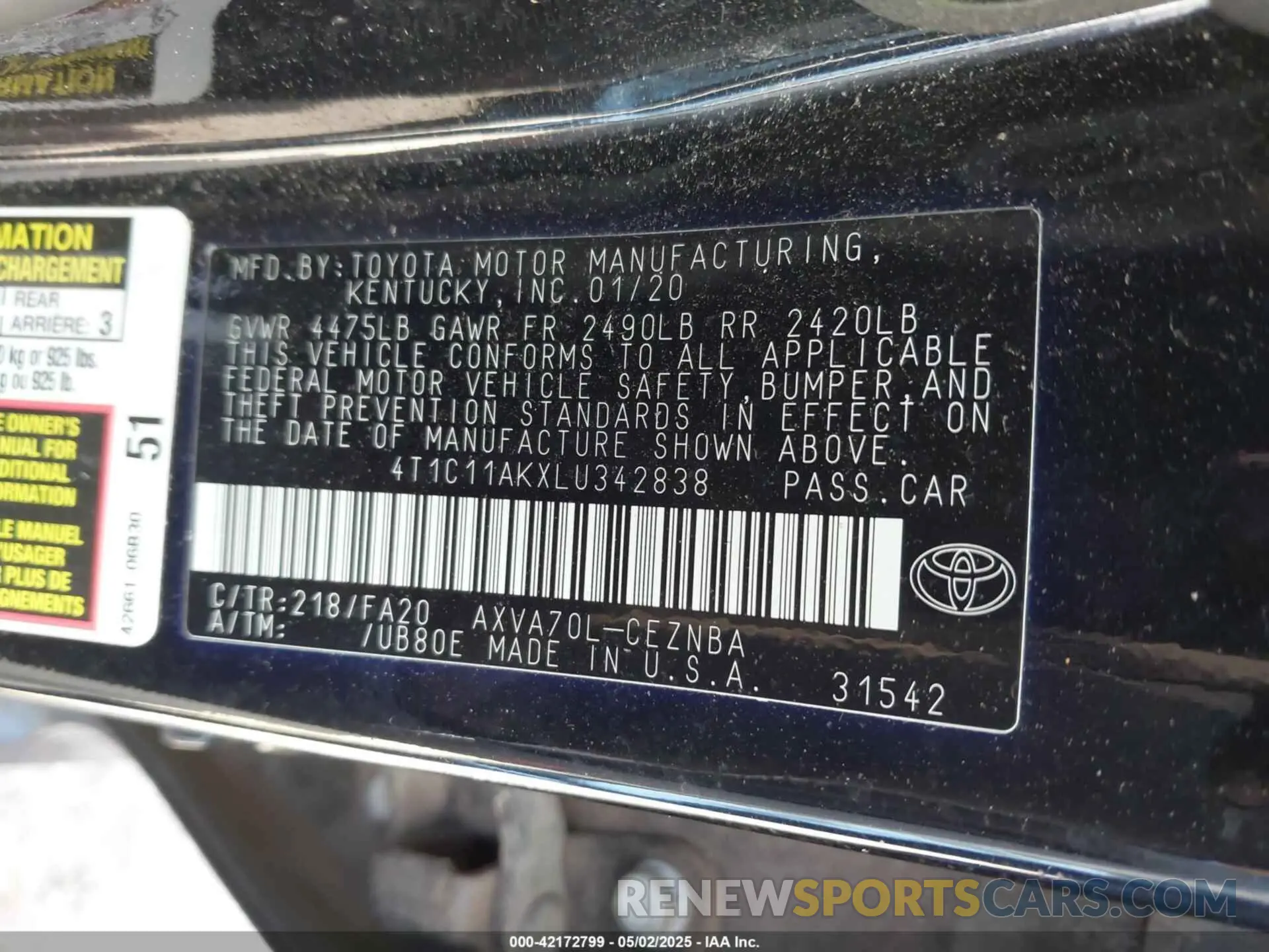 9 fotografías del automóvil dañado 4T1C11AKXLU342838 TOYOTA CAMRY 2020