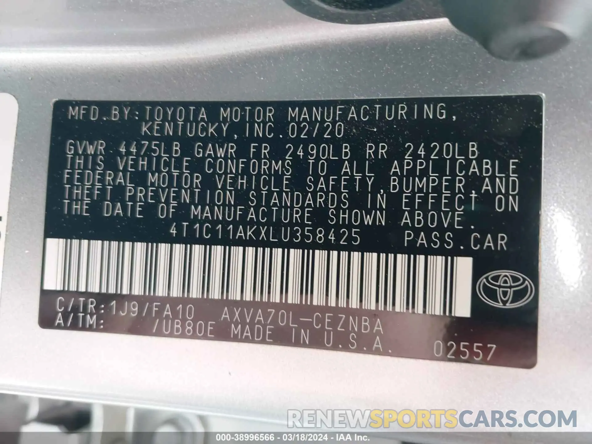 9 fotografías del automóvil dañado 4T1C11AKXLU358425 TOYOTA CAMRY 2020