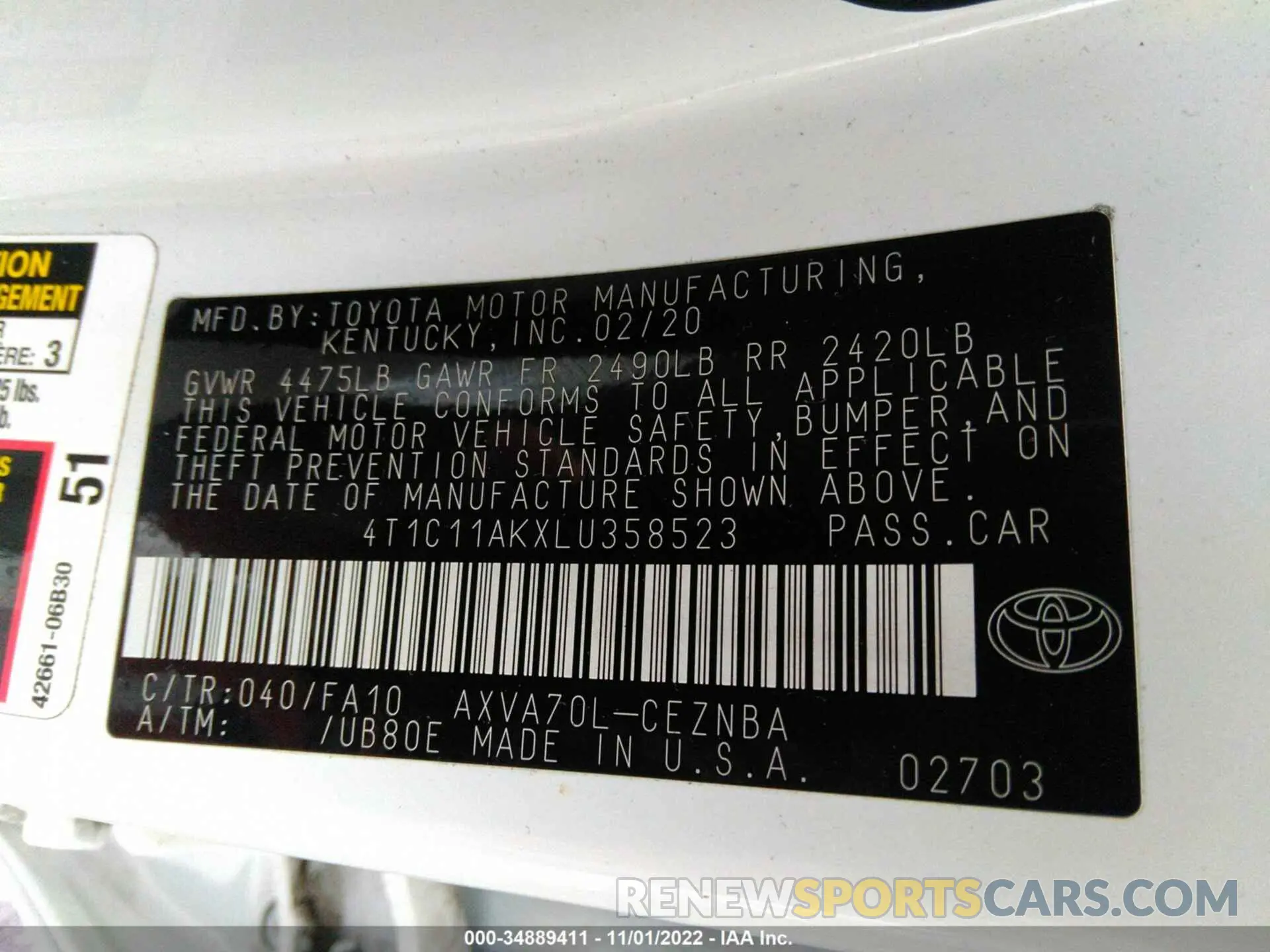 9 fotografías del automóvil dañado 4T1C11AKXLU358523 TOYOTA CAMRY 2020