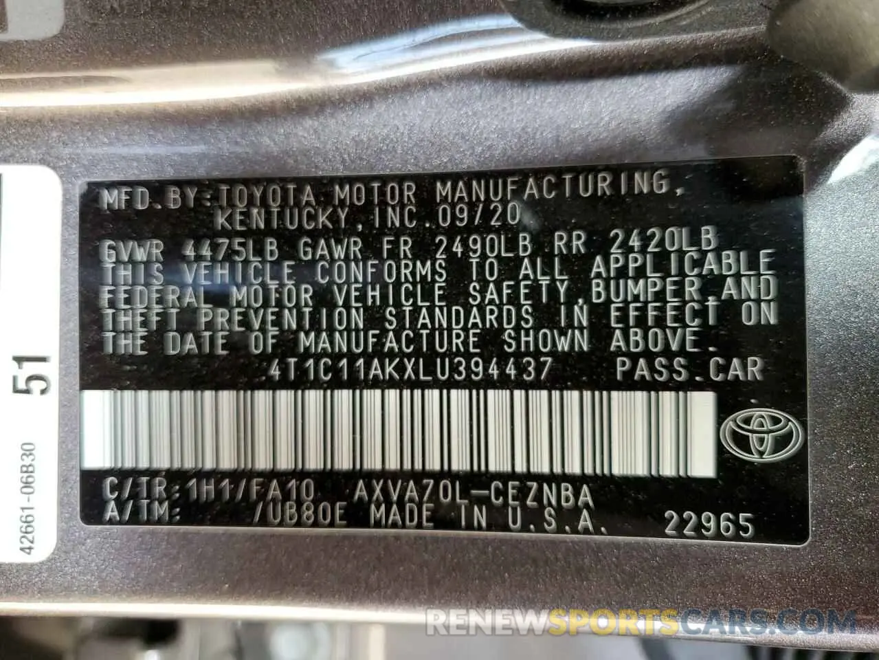 13 fotografías del automóvil dañado 4T1C11AKXLU394437 TOYOTA CAMRY 2020