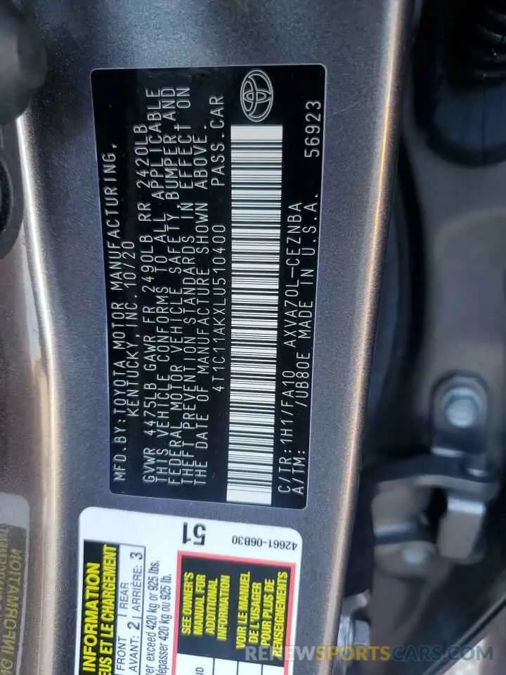 12 fotografías del automóvil dañado 4T1C11AKXLU510400 TOYOTA CAMRY 2020