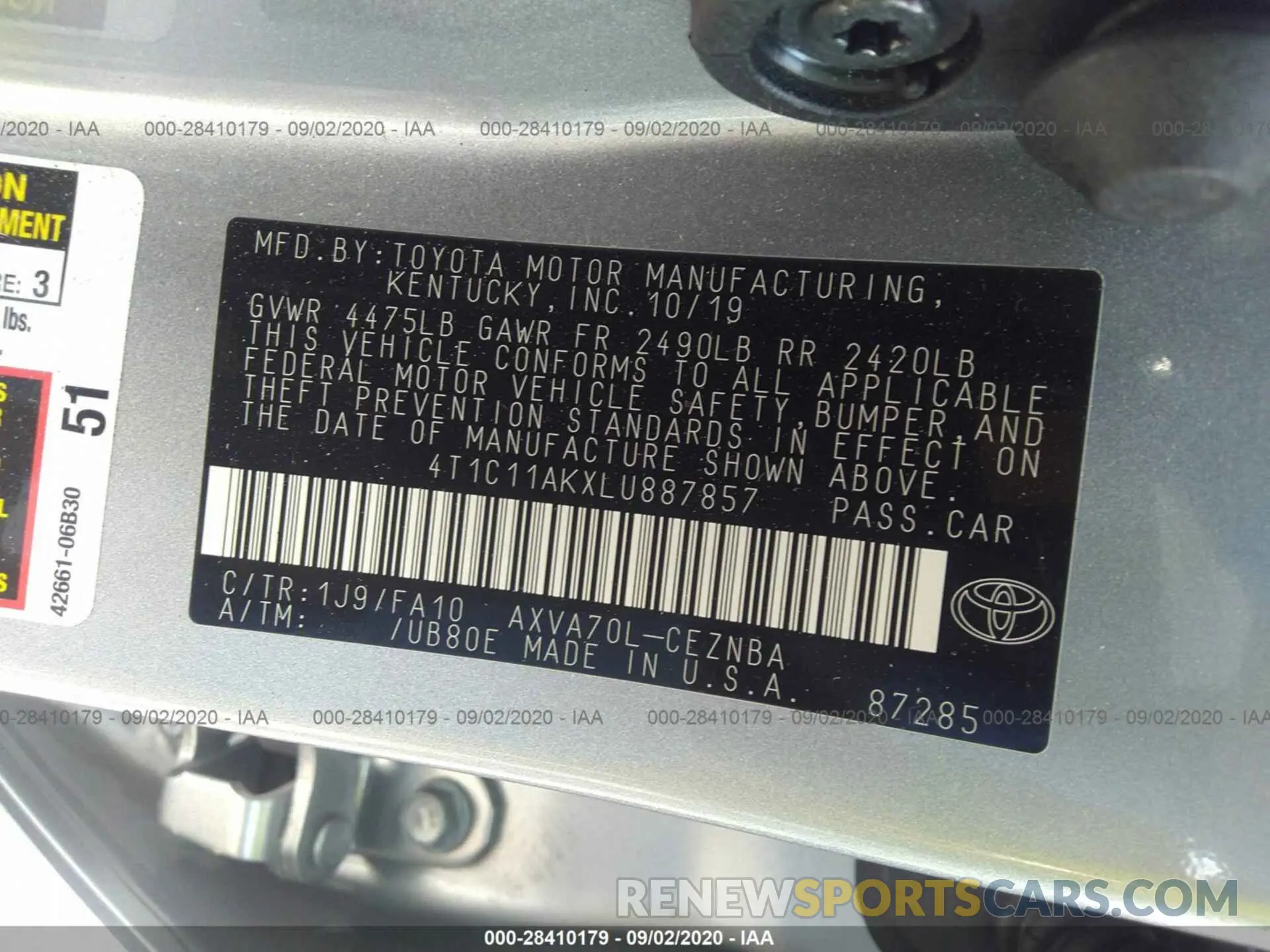 9 fotografías del automóvil dañado 4T1C11AKXLU887857 TOYOTA CAMRY 2020