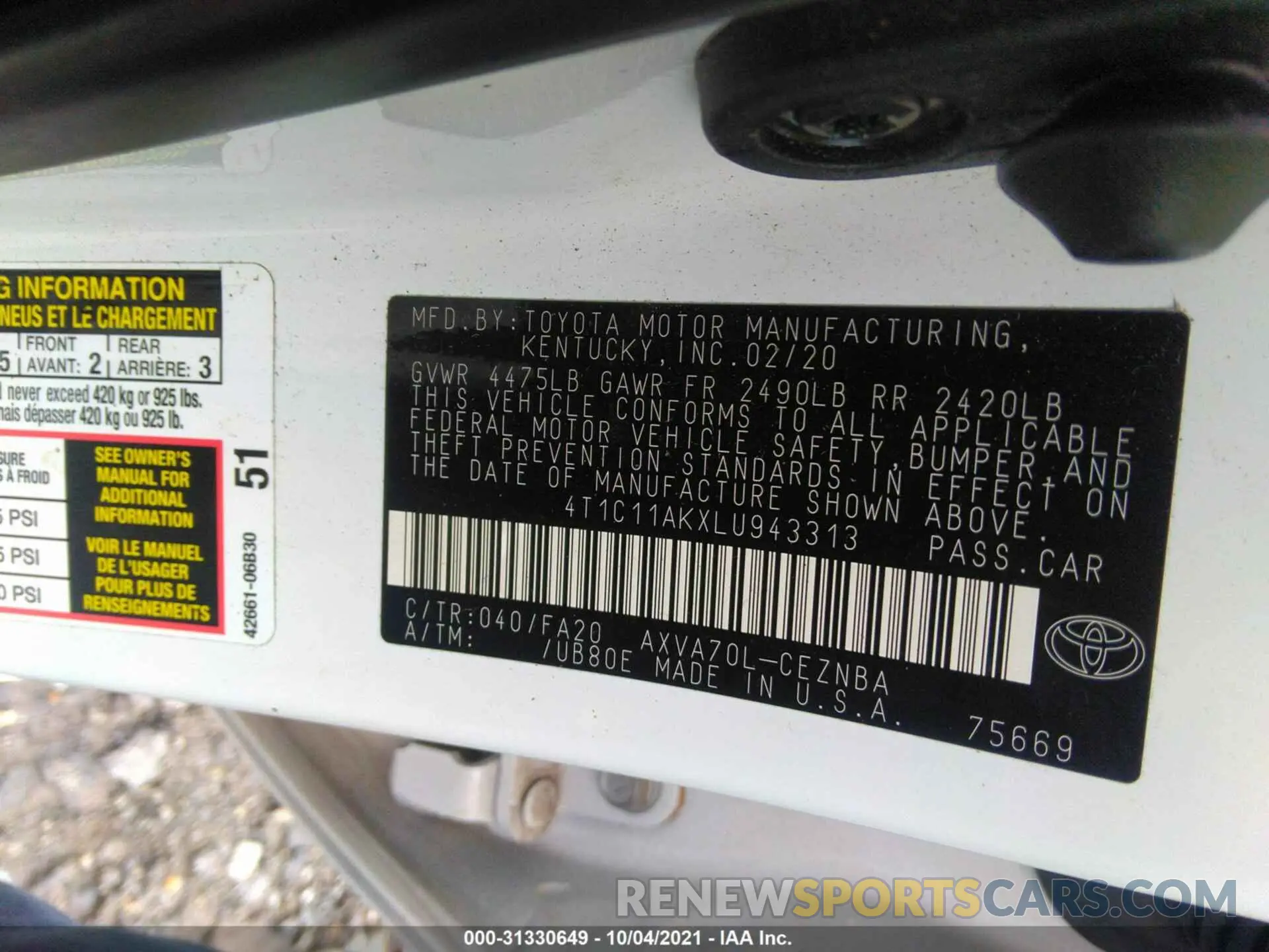 9 fotografías del automóvil dañado 4T1C11AKXLU943313 TOYOTA CAMRY 2020