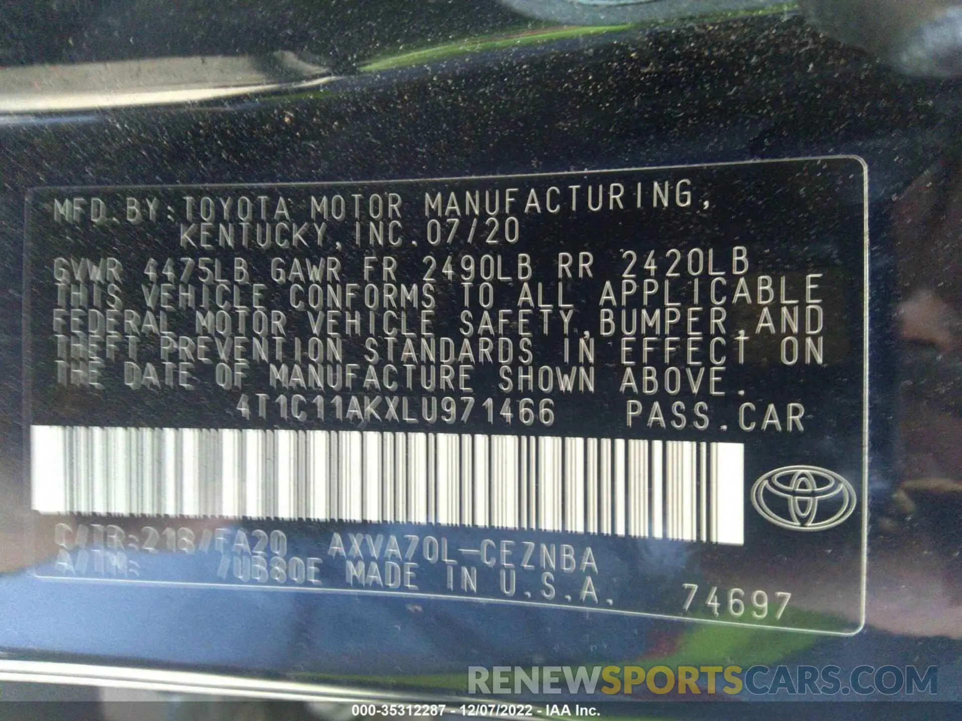 9 fotografías del automóvil dañado 4T1C11AKXLU971466 TOYOTA CAMRY 2020