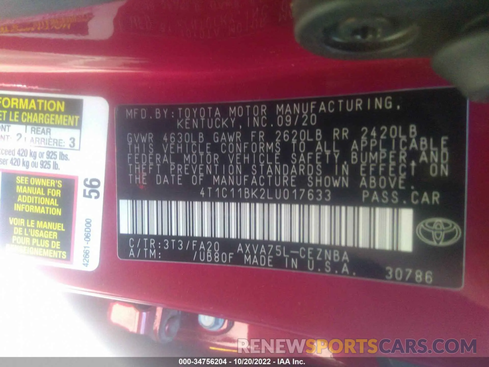 9 fotografías del automóvil dañado 4T1C11BK2LU017633 TOYOTA CAMRY 2020