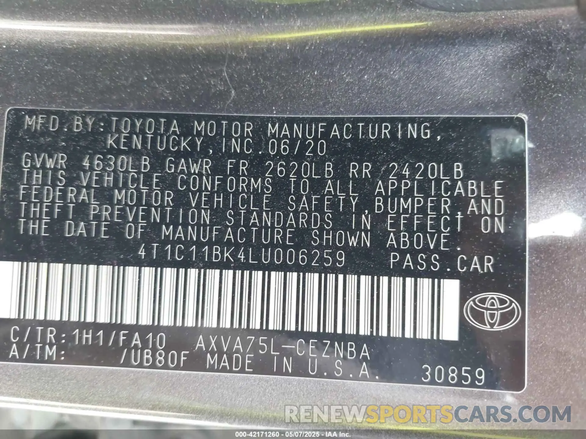 9 fotografías del automóvil dañado 4T1C11BK4LU006259 TOYOTA CAMRY 2020