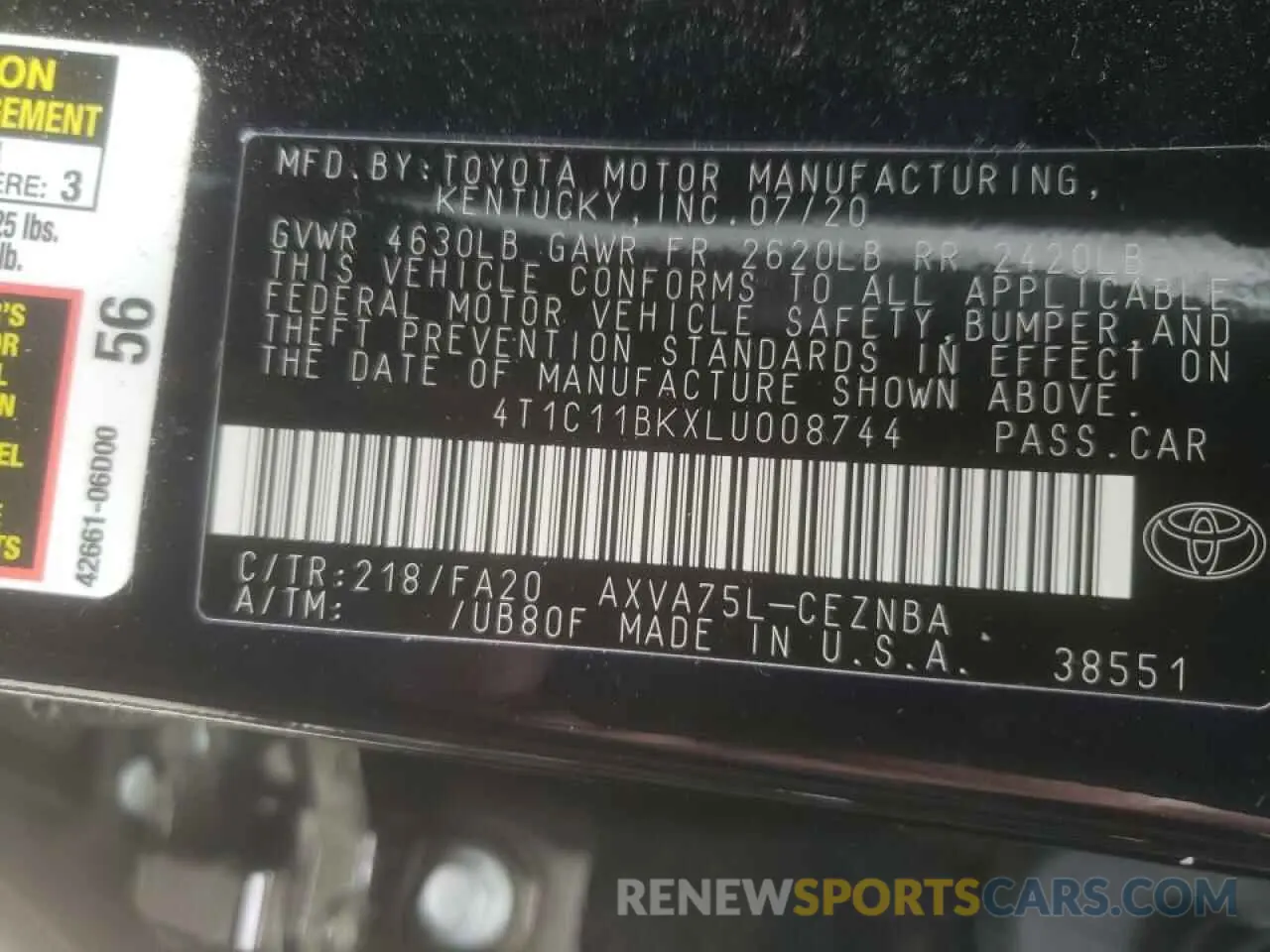 10 fotografías del automóvil dañado 4T1C11BKXLU008744 TOYOTA CAMRY 2020