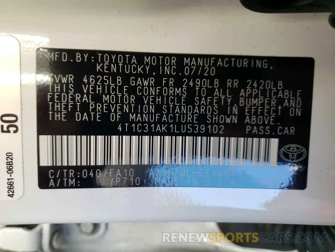 12 fotografías del automóvil dañado 4T1C31AK1LU539102 TOYOTA CAMRY 2020