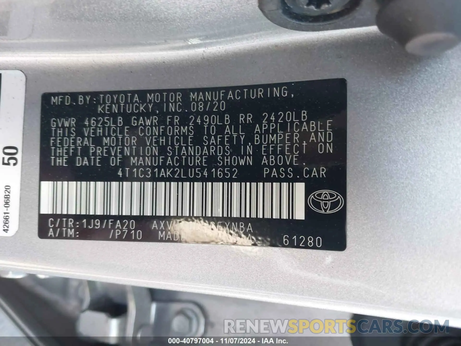 9 fotografías del automóvil dañado 4T1C31AK2LU541652 TOYOTA CAMRY 2020