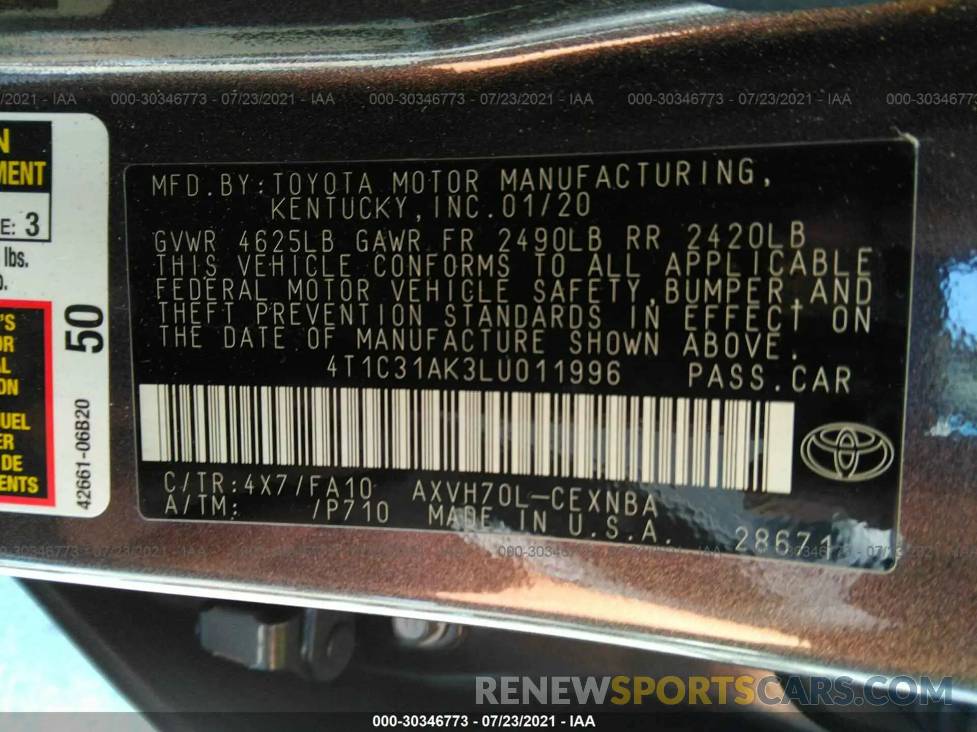 9 fotografías del automóvil dañado 4T1C31AK3LU011996 TOYOTA CAMRY 2020