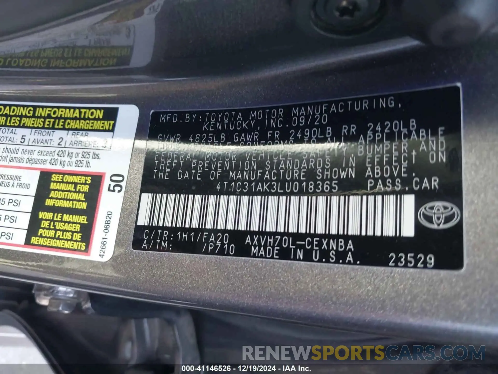 9 fotografías del automóvil dañado 4T1C31AK3LU018365 TOYOTA CAMRY 2020