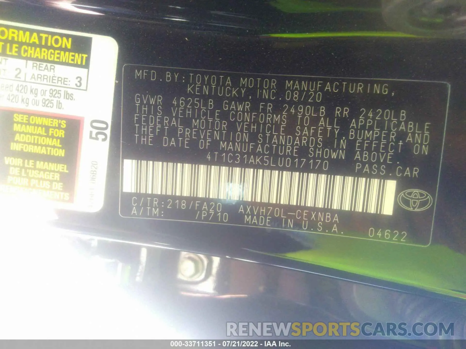 9 fotografías del automóvil dañado 4T1C31AK5LU017170 TOYOTA CAMRY 2020