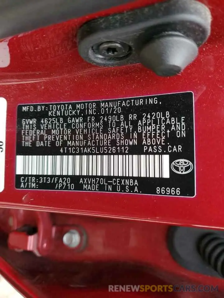 12 fotografías del automóvil dañado 4T1C31AK5LU526112 TOYOTA CAMRY 2020