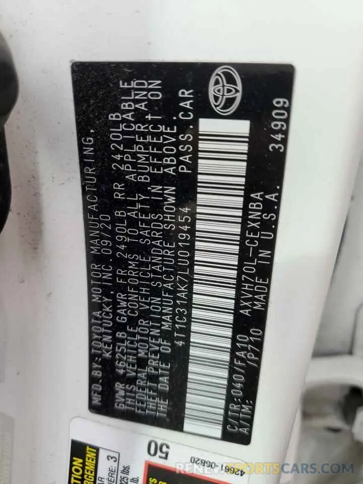 13 fotografías del automóvil dañado 4T1C31AK7LU019454 TOYOTA CAMRY 2020