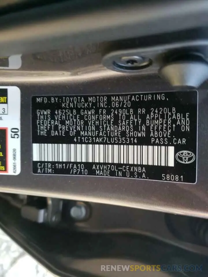 10 fotografías del automóvil dañado 4T1C31AK7LU535314 TOYOTA CAMRY 2020