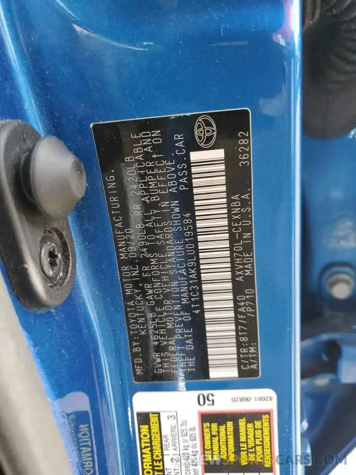 12 fotografías del automóvil dañado 4T1C31AK9LU019584 TOYOTA CAMRY 2020