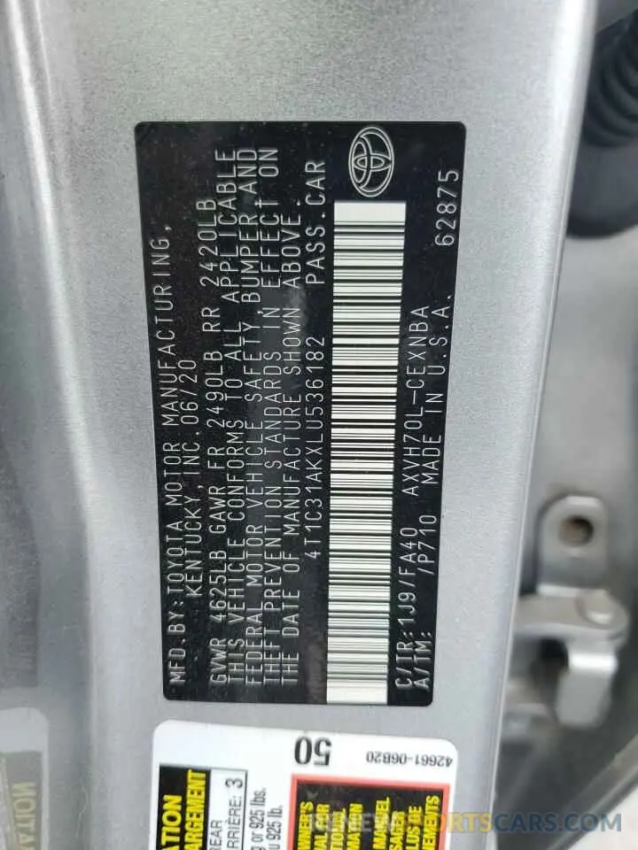 12 fotografías del automóvil dañado 4T1C31AKXLU536182 TOYOTA CAMRY 2020