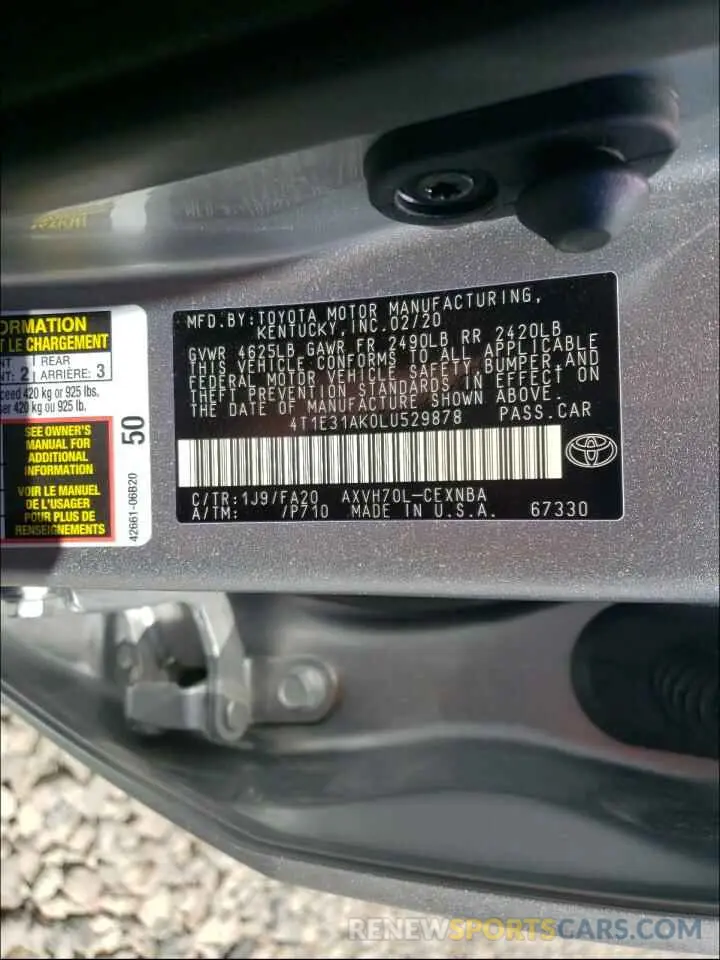 10 fotografías del automóvil dañado 4T1E31AK0LU529878 TOYOTA CAMRY 2020