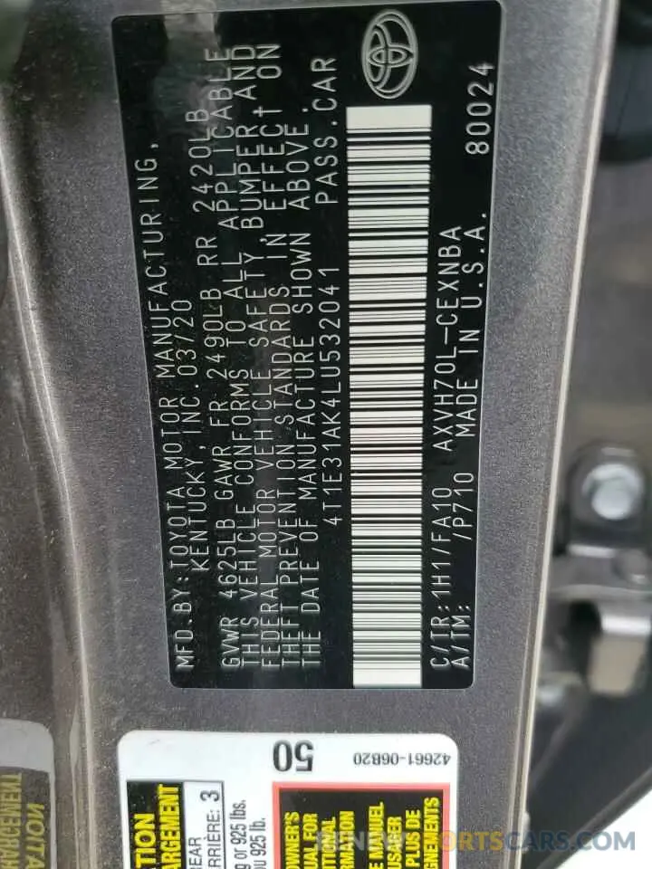 14 fotografías del automóvil dañado 4T1E31AK4LU532041 TOYOTA CAMRY 2020