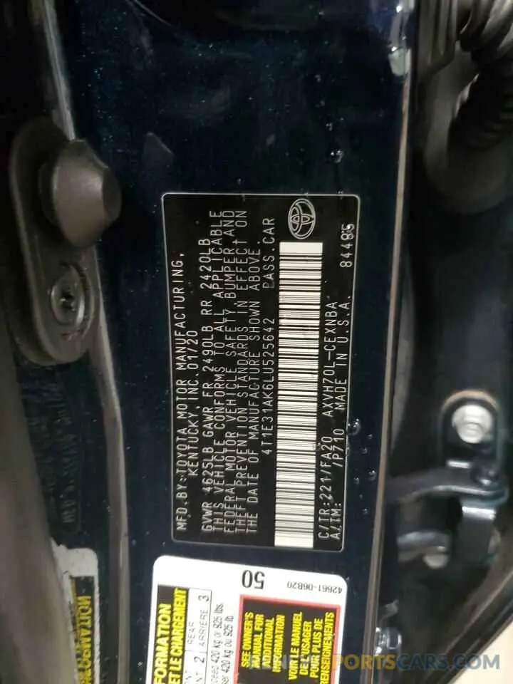 13 fotografías del automóvil dañado 4T1E31AK6LU525642 TOYOTA CAMRY 2020
