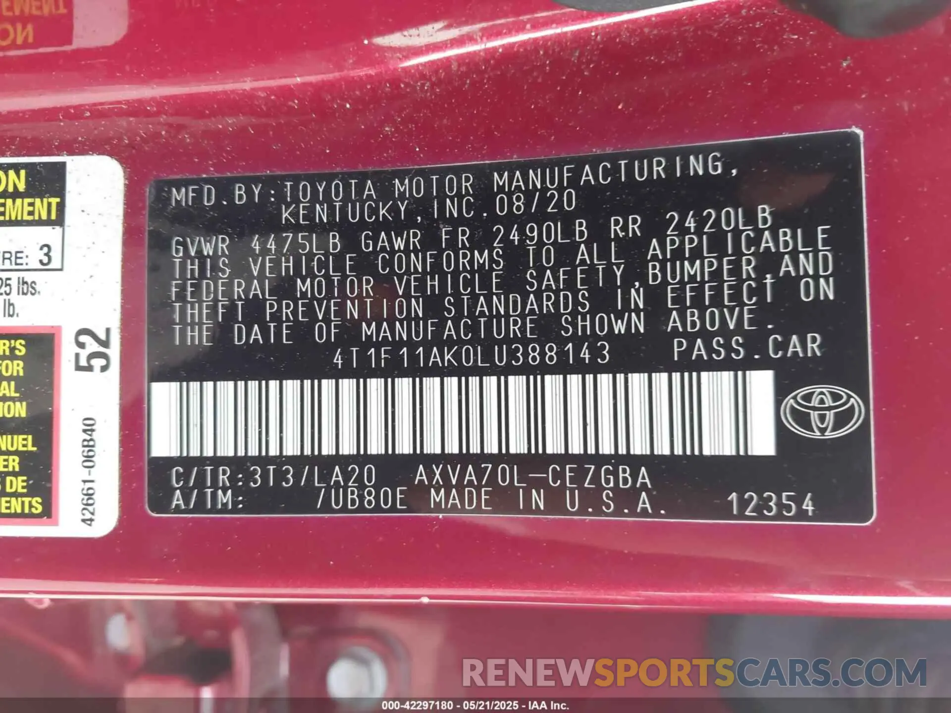 9 fotografías del automóvil dañado 4T1F11AK0LU388143 TOYOTA CAMRY 2020